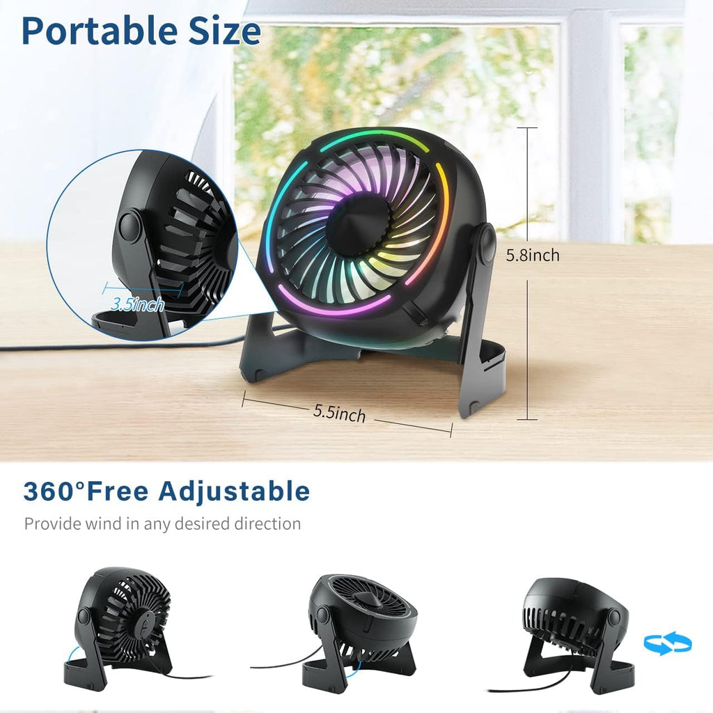 Small USB Desk Fan 5.3 Inch 3 Speed 8 Color LED Lights 360° Rotation Quiet for Home Office