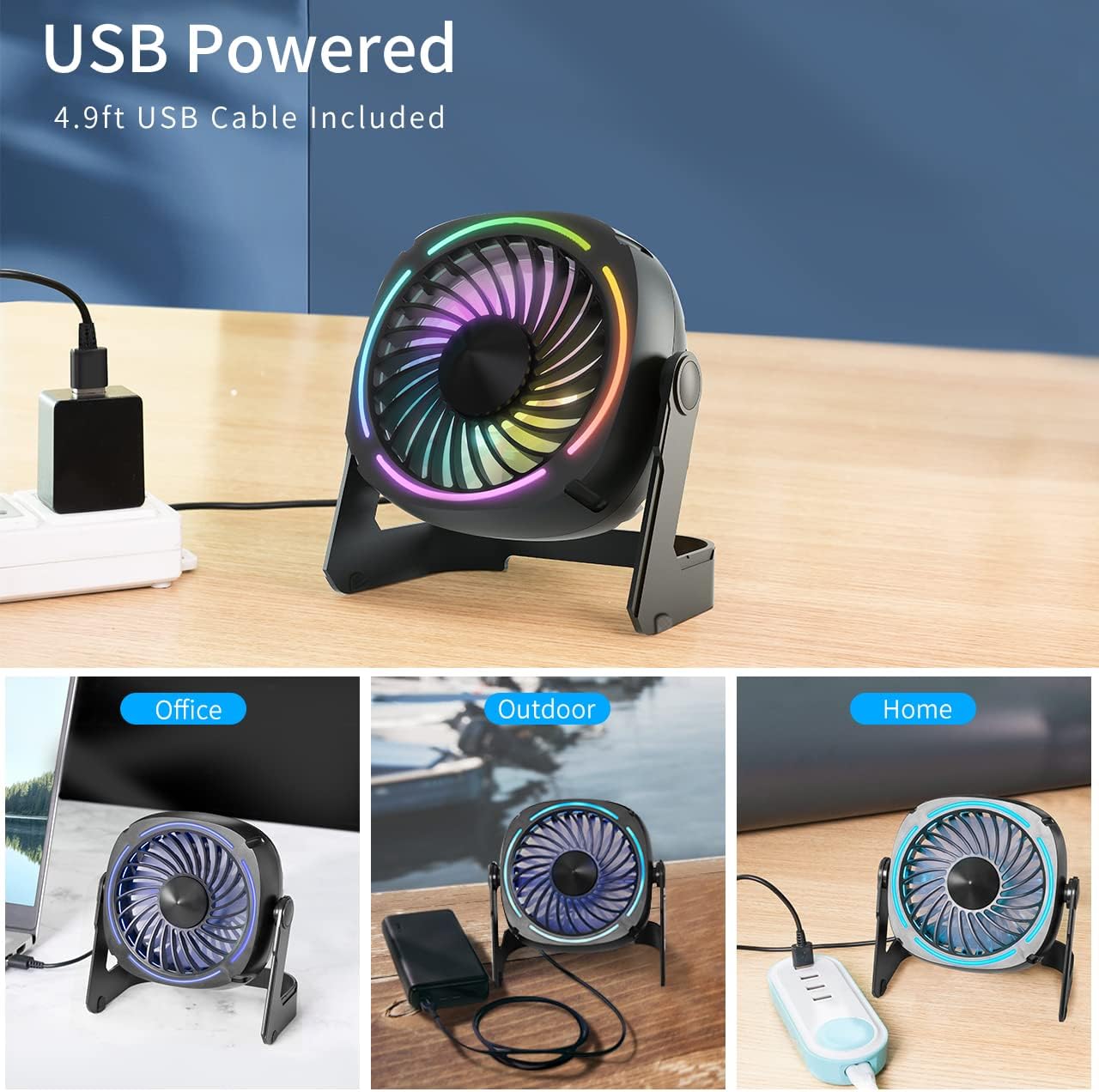 Small USB Desk Fan 5.3 Inch 3 Speed 8 Color LED Lights 360° Rotation Quiet for Home Office