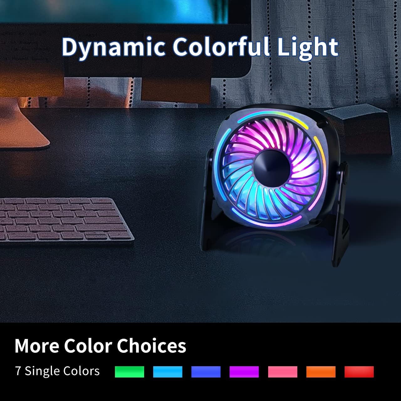 Small USB Desk Fan 5.3 Inch 3 Speed 8 Color LED Lights 360° Rotation Quiet for Home Office