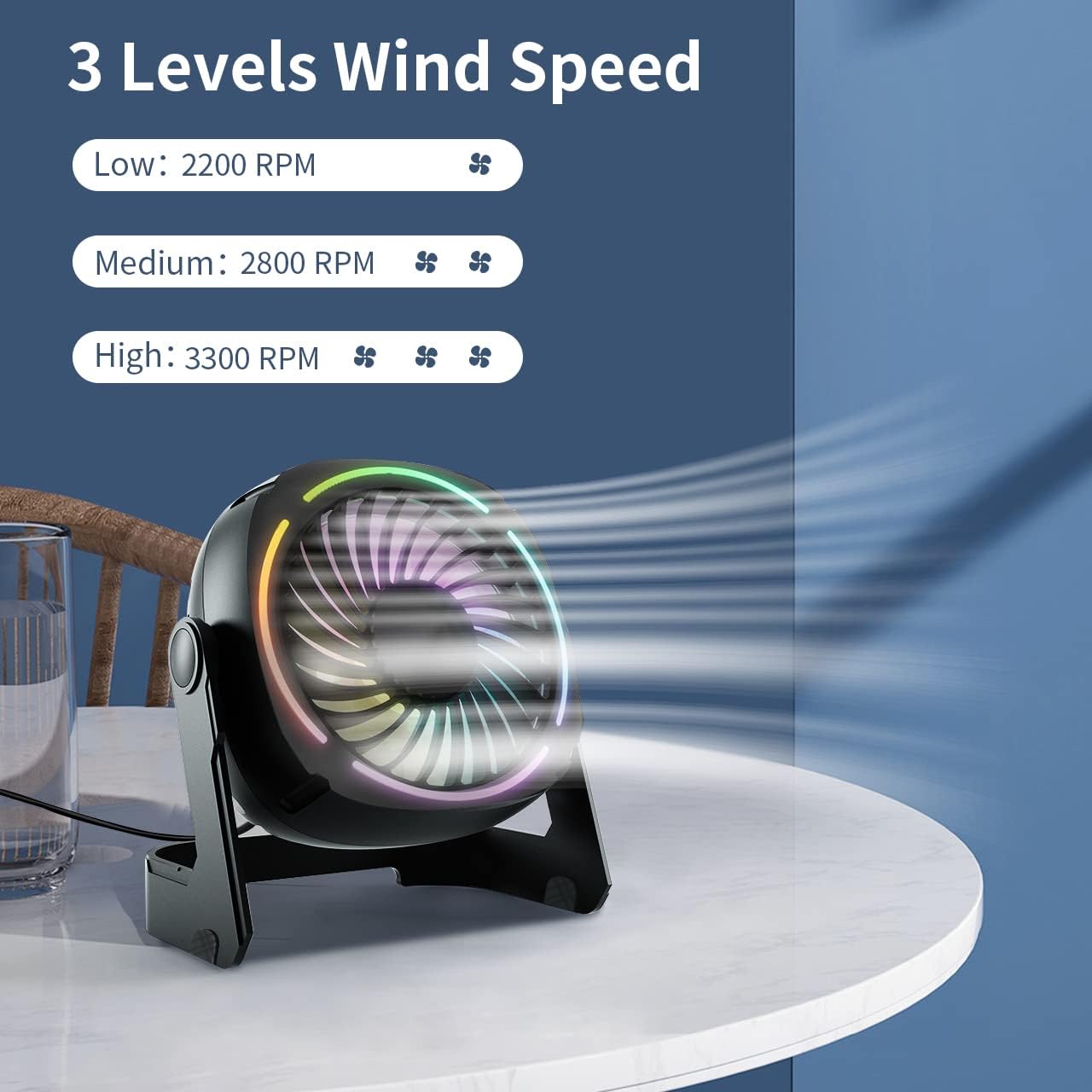 Small USB Desk Fan 5.3 Inch 3 Speed 8 Color LED Lights 360° Rotation Quiet for Home Office