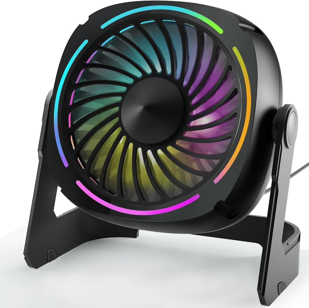 Small USB Desk Fan 5.3 Inch 3 Speed 8 Color LED Lights 360° Rotation Quiet for Home Office