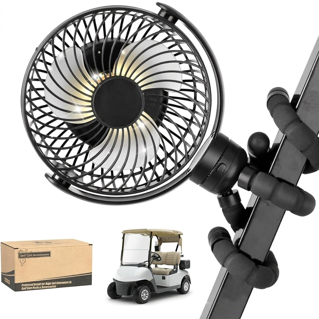 Magnetic Golf Cart Fan Rechargeable 10000mAh Battery 360° Rotatable Tripod Mount with LED Light