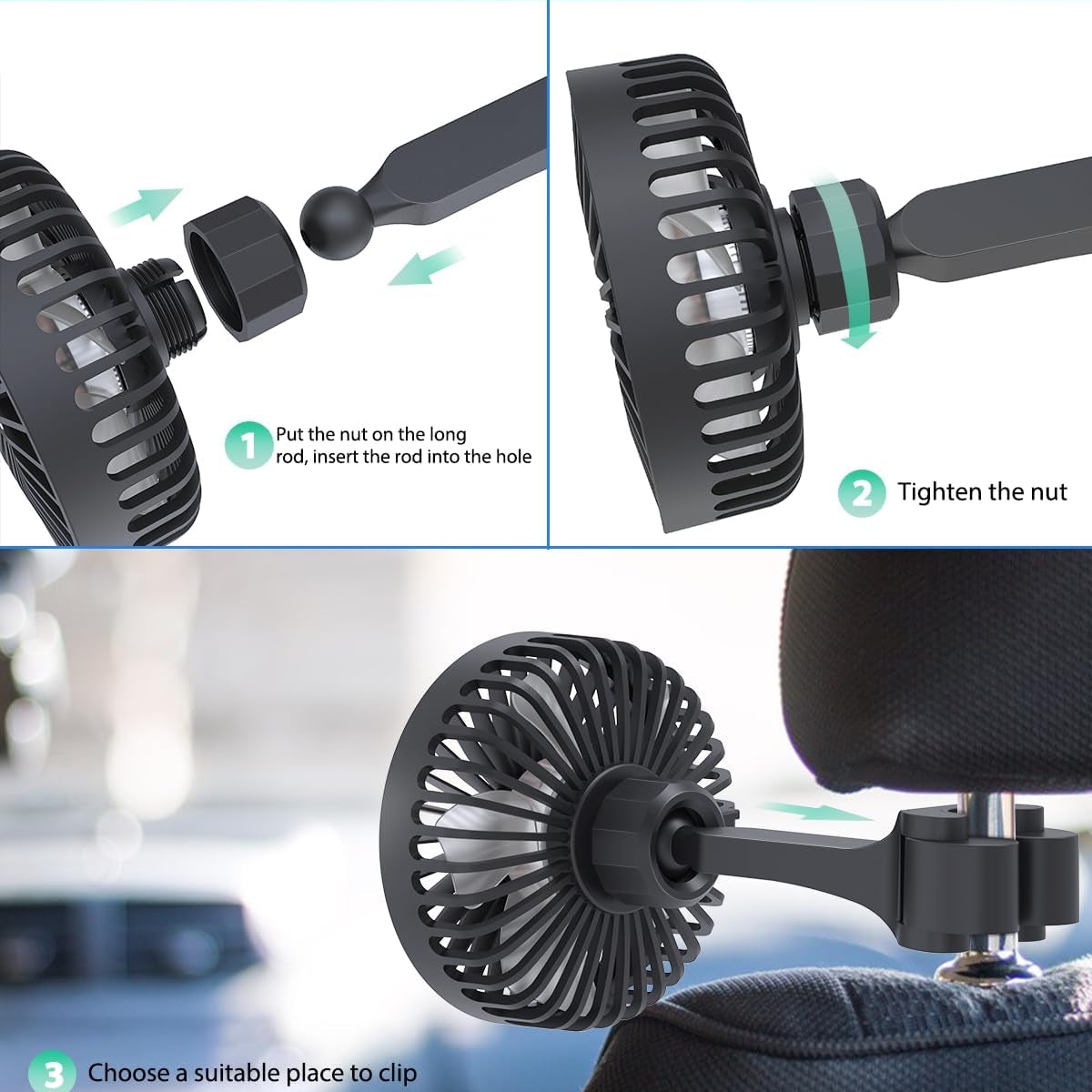 Car Fan for Rear Seat USB Powered 3 Speed Adjustable Clip for Vehicles SUV RV Truck