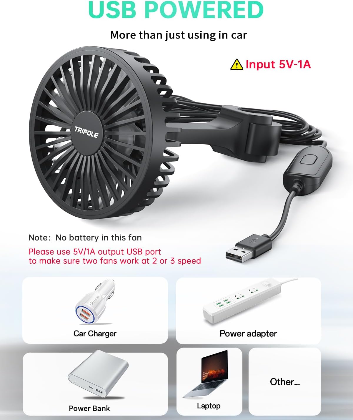 Car Fan for Rear Seat USB Powered 3 Speed Adjustable Clip for Vehicles SUV RV Truck