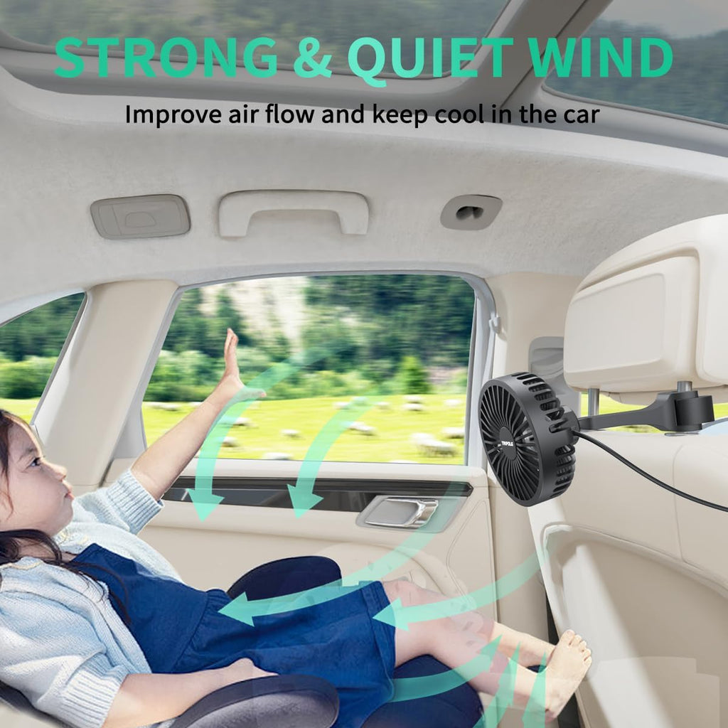 Car Fan for Rear Seat USB Powered 3 Speed Adjustable Clip for Vehicles SUV RV Truck