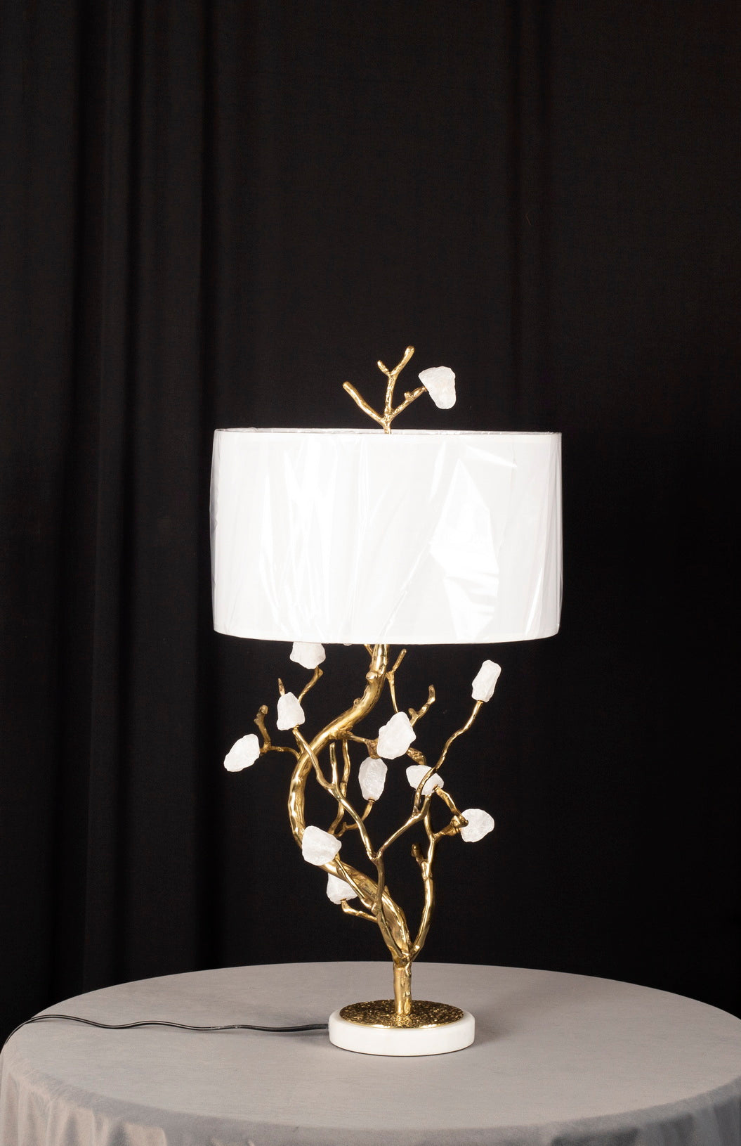 Brass Branch Table Lamp with White Blossom Accents