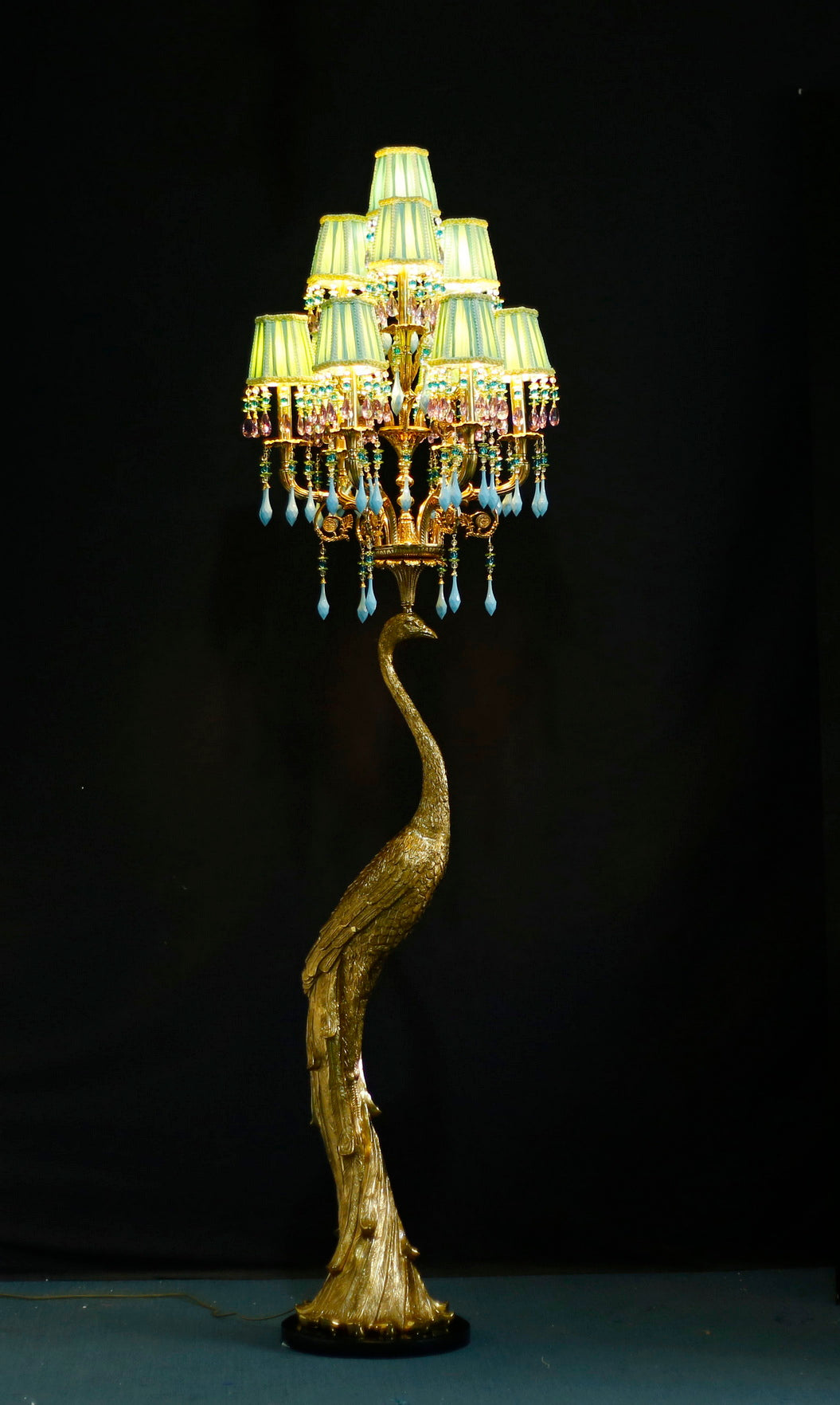 Peacock Brass Floor Lamp with Crystal Drops