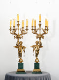 Brass Cherub Candelabra on Green Marble Base, Set of 2