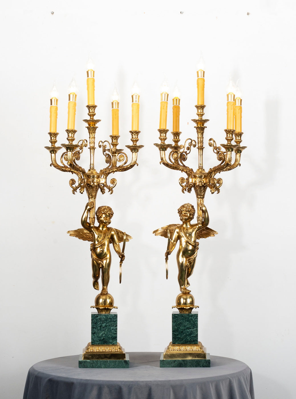 Brass Cherub Candelabra on Green Marble Base, Set of 2