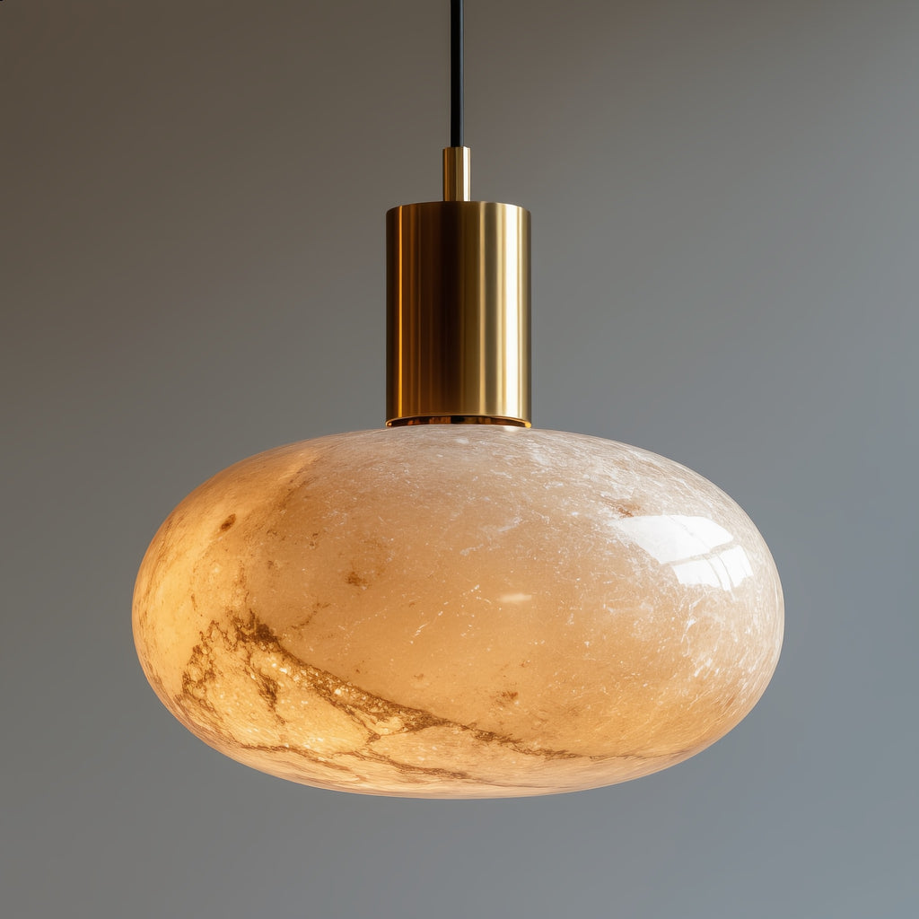 Rounded ivory-toned pendant shade with visible veining, a brass-toned cylindrical fitting, and black suspension cord
