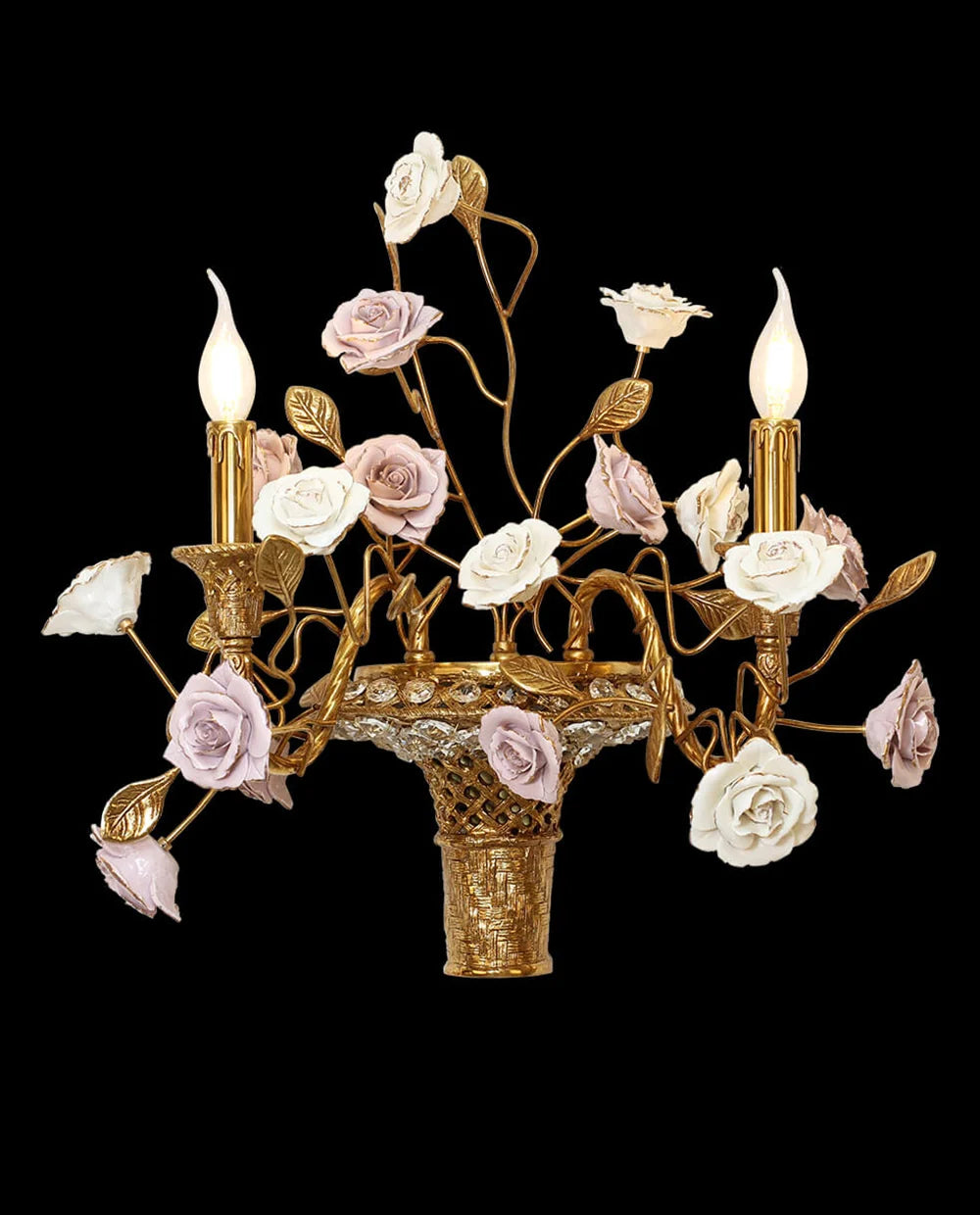 2 Lights Antique Brass Wall Lamp Porcelain Flower Wall Lamp