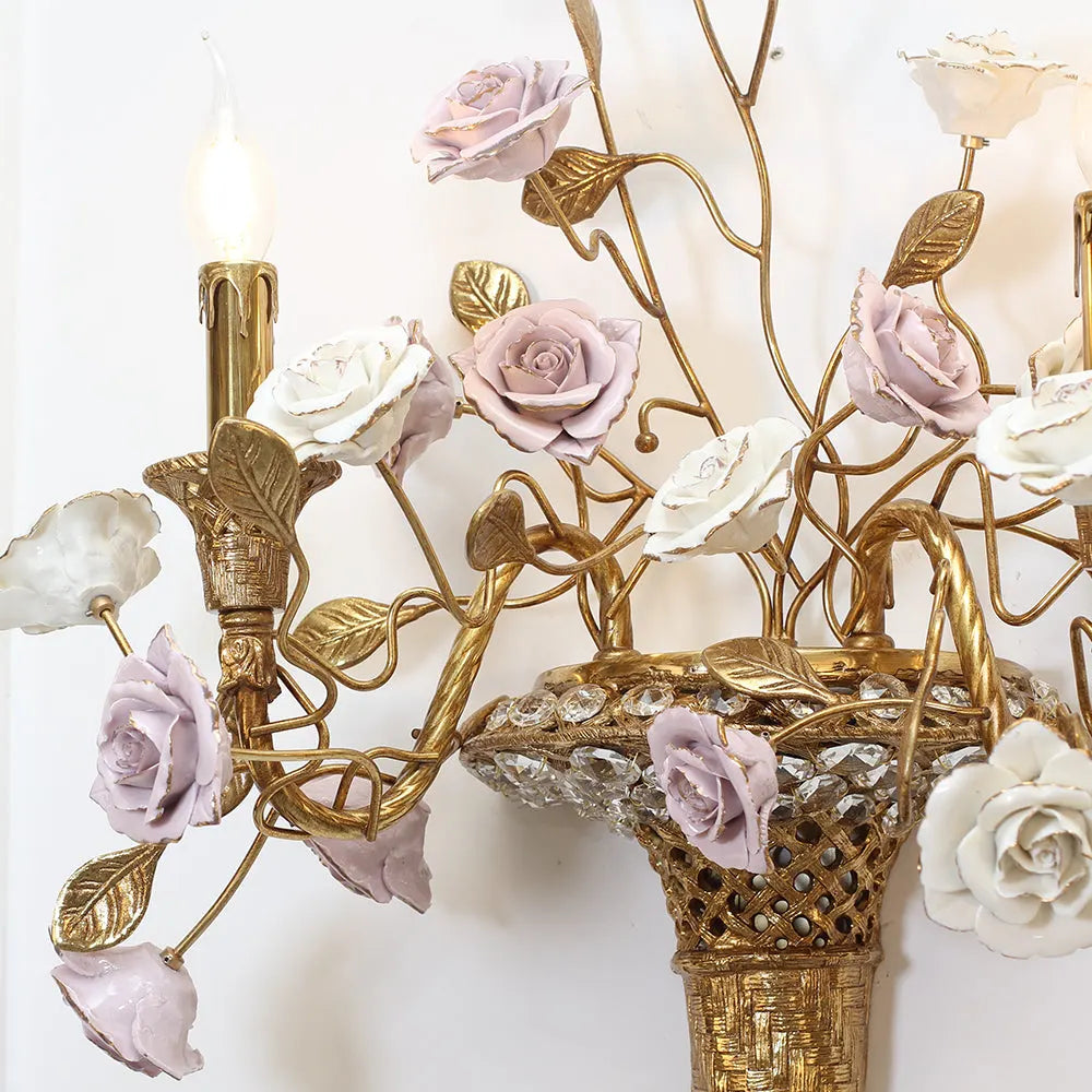 2 Lights Antique Brass Wall Lamp Porcelain Flower Wall Lamp