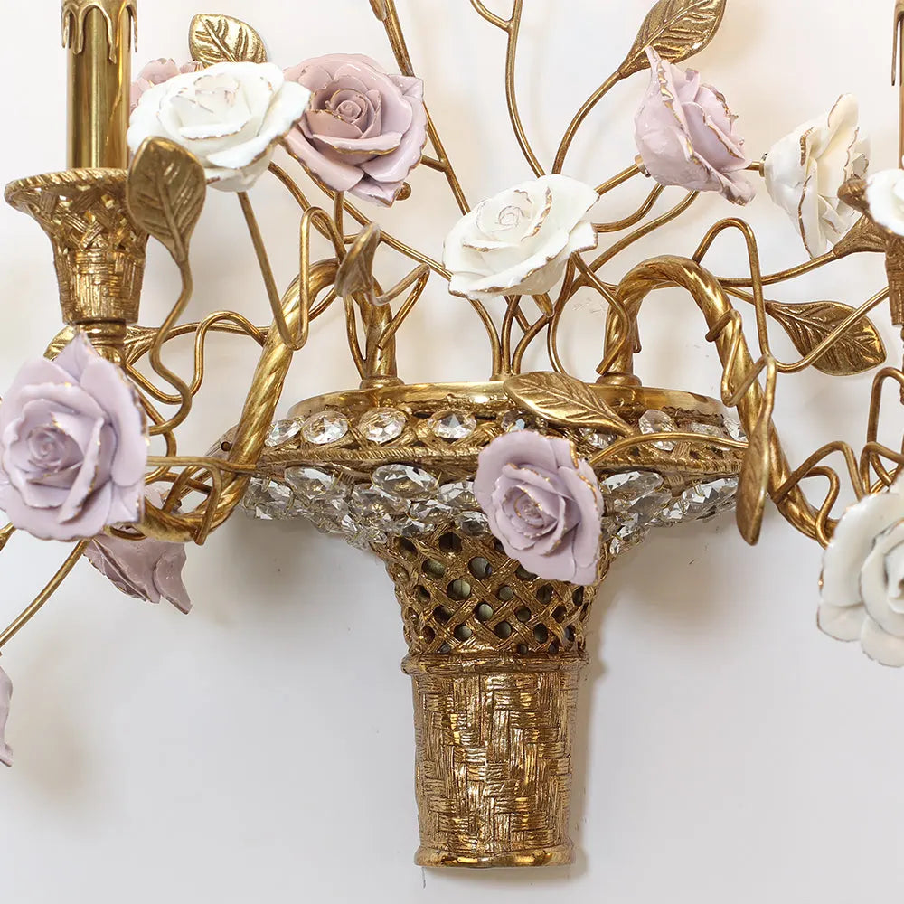 2 Lights Antique Brass Wall Lamp Porcelain Flower Wall Lamp