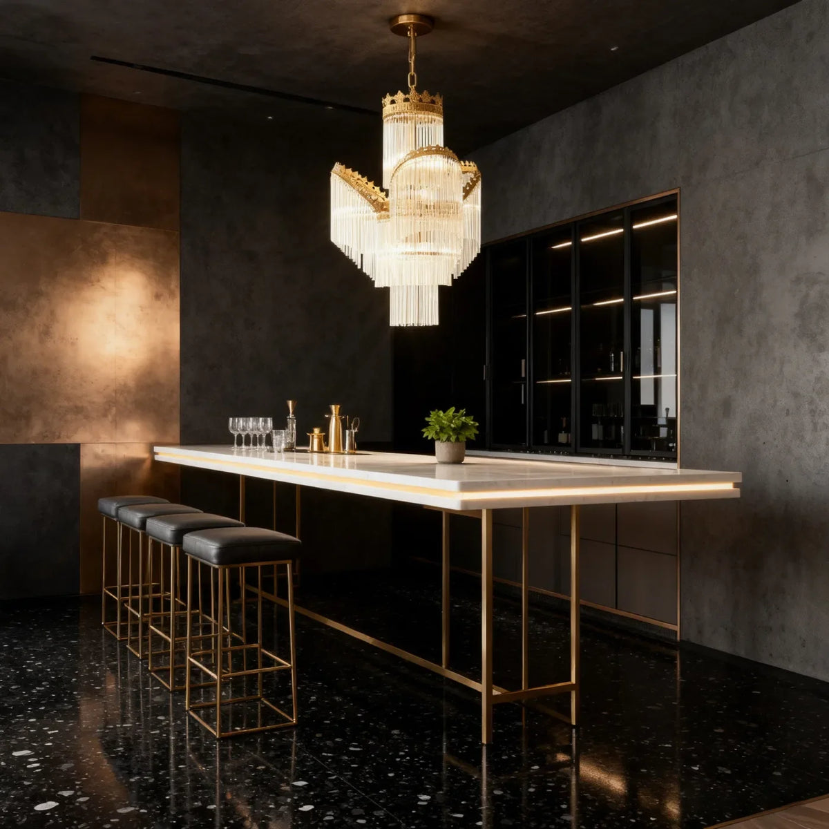Sleek Small Modern Art Deco Brass & Glass Chandelier 19'' W x 27'' H – Perfect for Living Room Entryway Bedroom