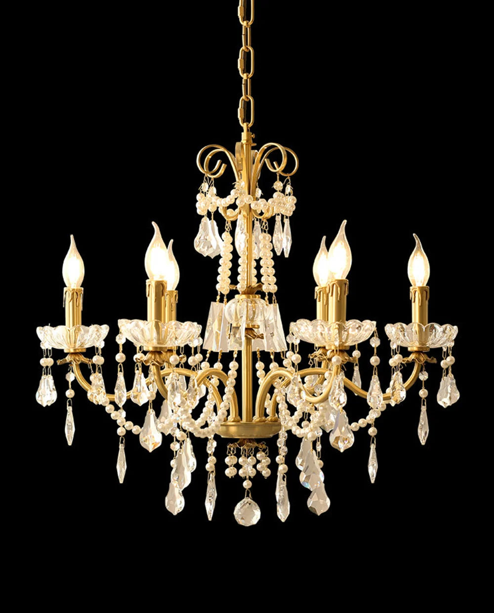 6 Lights Candle Style Small Gold Chandelier Luxury Brass Arm Chandelier with Acrylic Pearl Chains