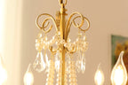 6 Lights Candle Style Small Gold Chandelier Luxury Brass Arm Chandelier with Acrylic Pearl Chains