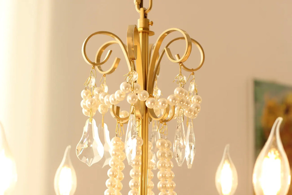 6 Lights Candle Style Small Gold Chandelier Luxury Brass Arm Chandelier with Acrylic Pearl Chains