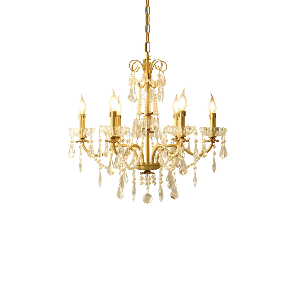 6 Lights Candle Style Small Gold Chandelier Luxury Brass Arm Chandelier with Acrylic Pearl Chains
