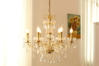 6 Lights Candle Style Small Gold Chandelier Luxury Brass Arm Chandelier with Acrylic Pearl Chains
