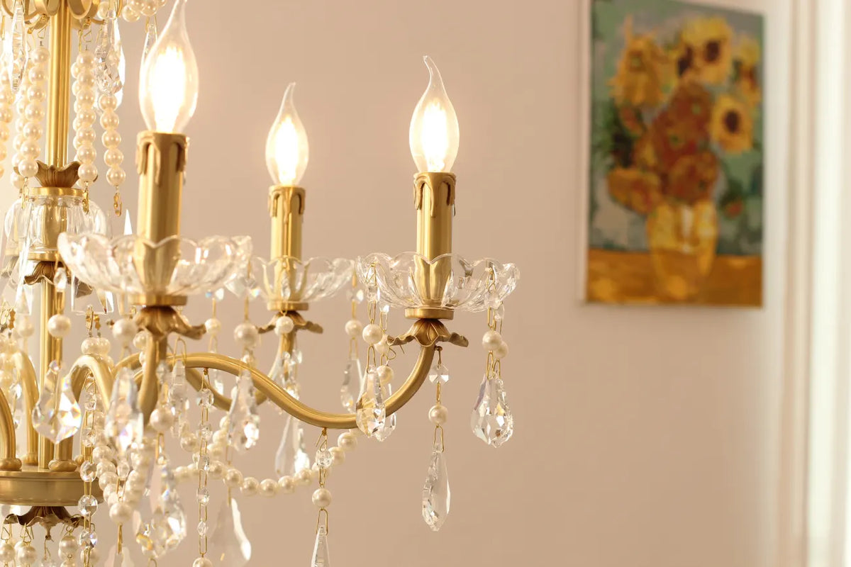 6 Lights Candle Style Small Gold Chandelier Luxury Brass Arm Chandelier with Acrylic Pearl Chains