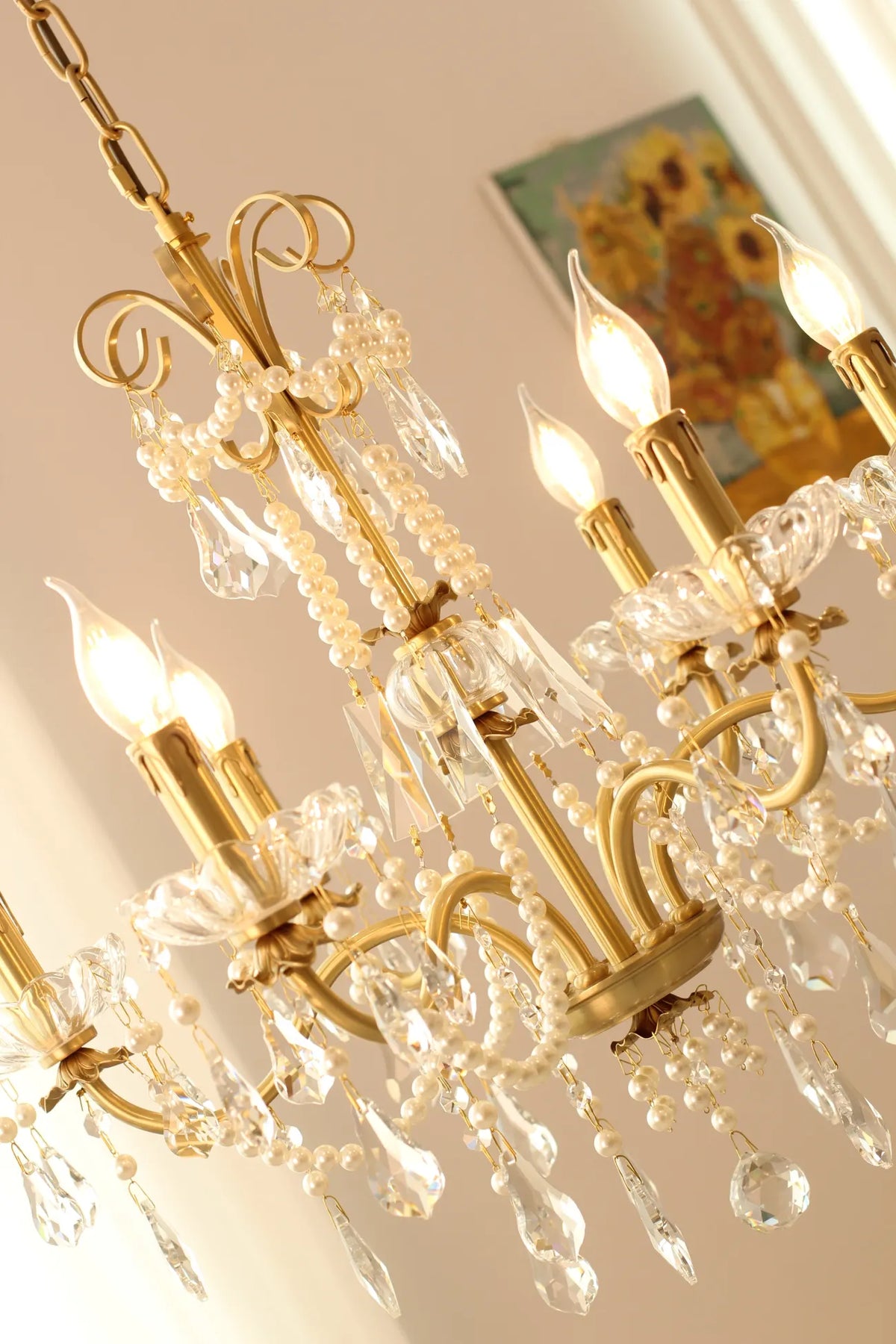 6 Lights Candle Style Small Gold Chandelier Luxury Brass Arm Chandelier with Acrylic Pearl Chains