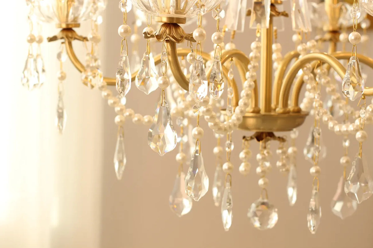 6 Lights Candle Style Small Gold Chandelier Luxury Brass Arm Chandelier with Acrylic Pearl Chains