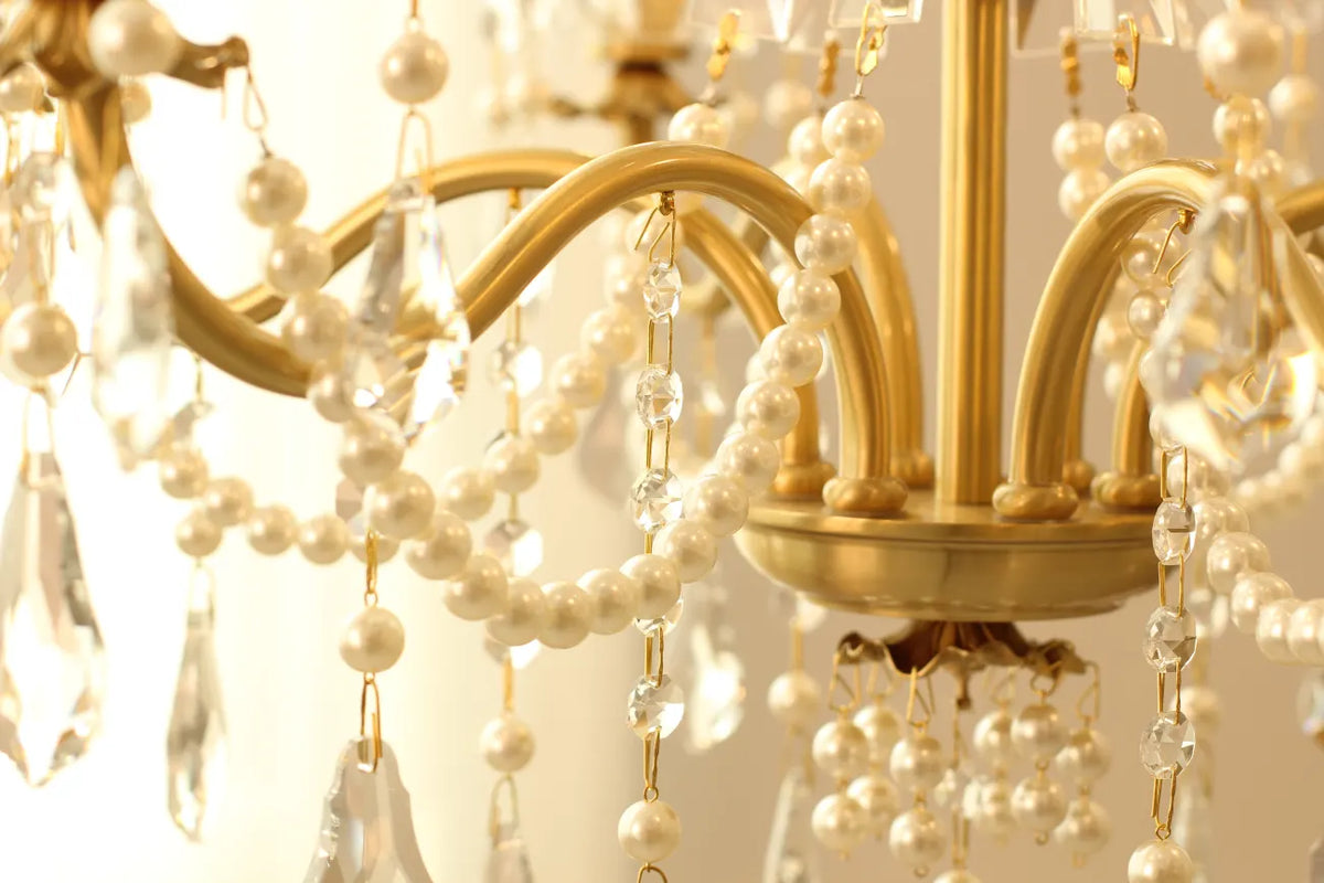 6 Lights Candle Style Small Gold Chandelier Luxury Brass Arm Chandelier with Acrylic Pearl Chains