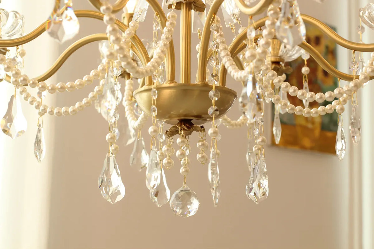 8 Lights Candle Style Small Gold Chandelier Luxury Brass Arm Chandelier with Acrylic Pearl Chains