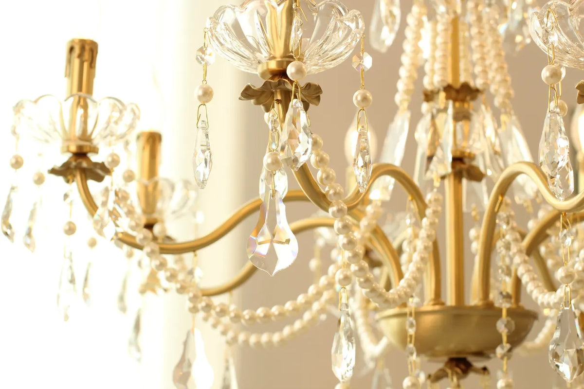 8 Lights Candle Style Small Gold Chandelier Luxury Brass Arm Chandelier with Acrylic Pearl Chains