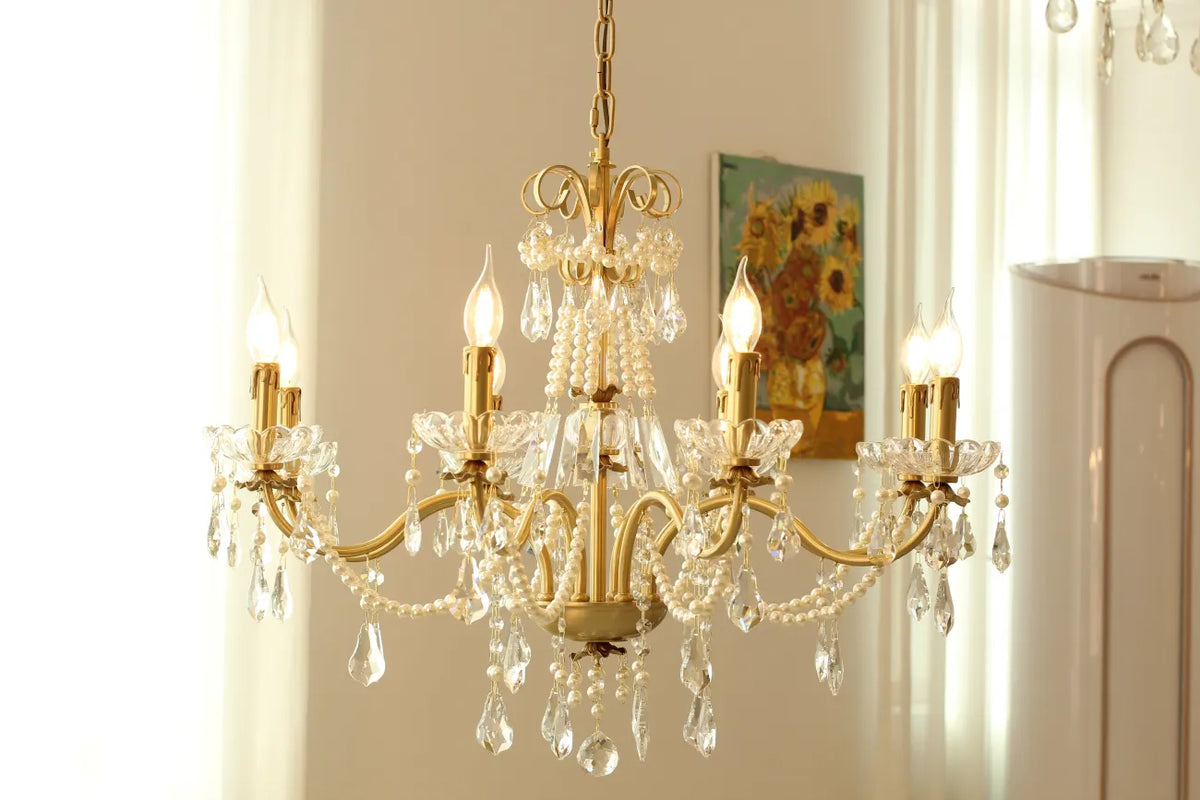 8 Lights Candle Style Small Gold Chandelier Luxury Brass Arm Chandelier with Acrylic Pearl Chains