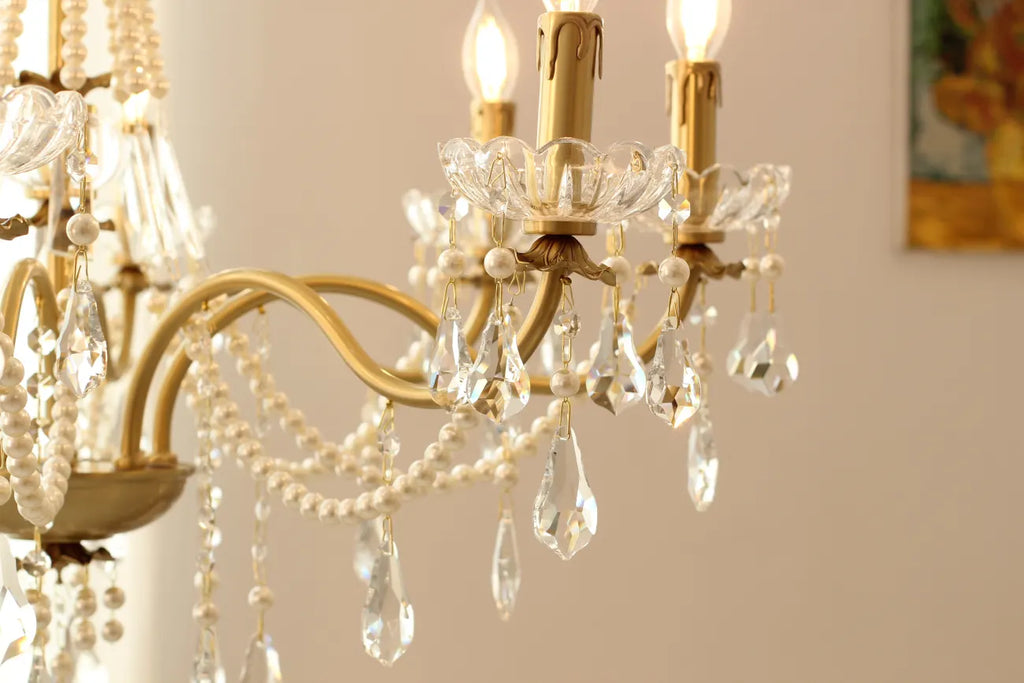 8 Lights Candle Style Small Gold Chandelier Luxury Brass Arm Chandelier with Acrylic Pearl Chains