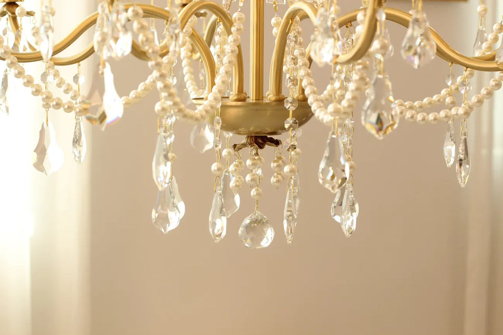 8 Lights Candle Style Small Gold Chandelier Luxury Brass Arm Chandelier with Acrylic Pearl Chains