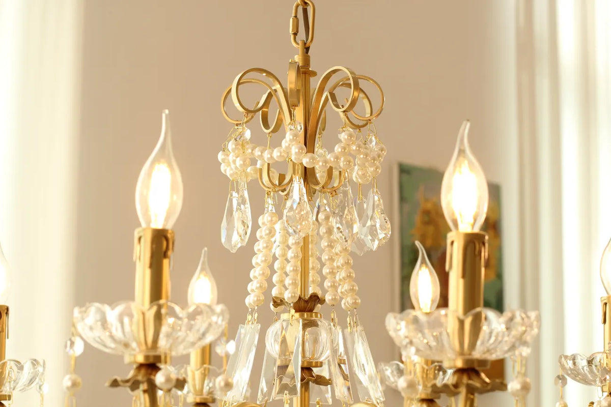 8 Lights Candle Style Small Gold Chandelier Luxury Brass Arm Chandelier with Acrylic Pearl Chains