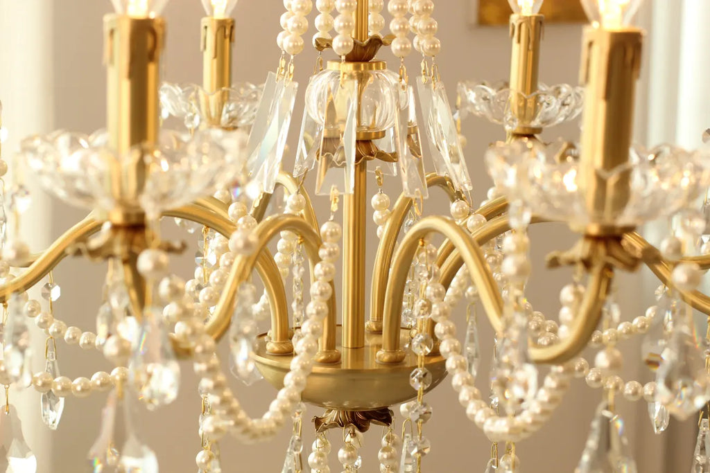 8 Lights Candle Style Small Gold Chandelier Luxury Brass Arm Chandelier with Acrylic Pearl Chains