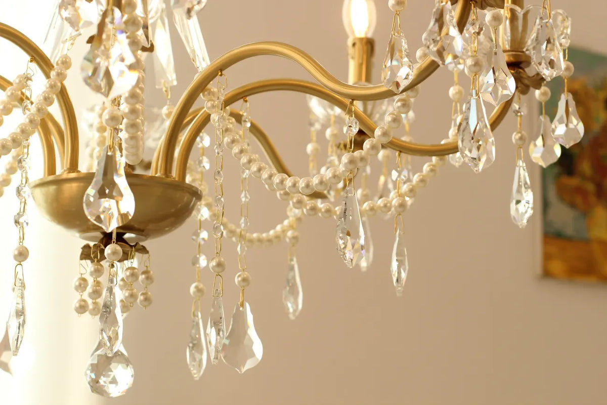 8 Lights Candle Style Small Gold Chandelier Luxury Brass Arm Chandelier with Acrylic Pearl Chains