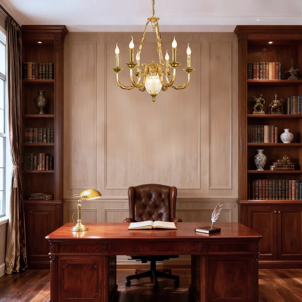 6 Lights Small Empire Style Antique Brass Chandelier Gold Chandelier for Study Room 26X26 Inch