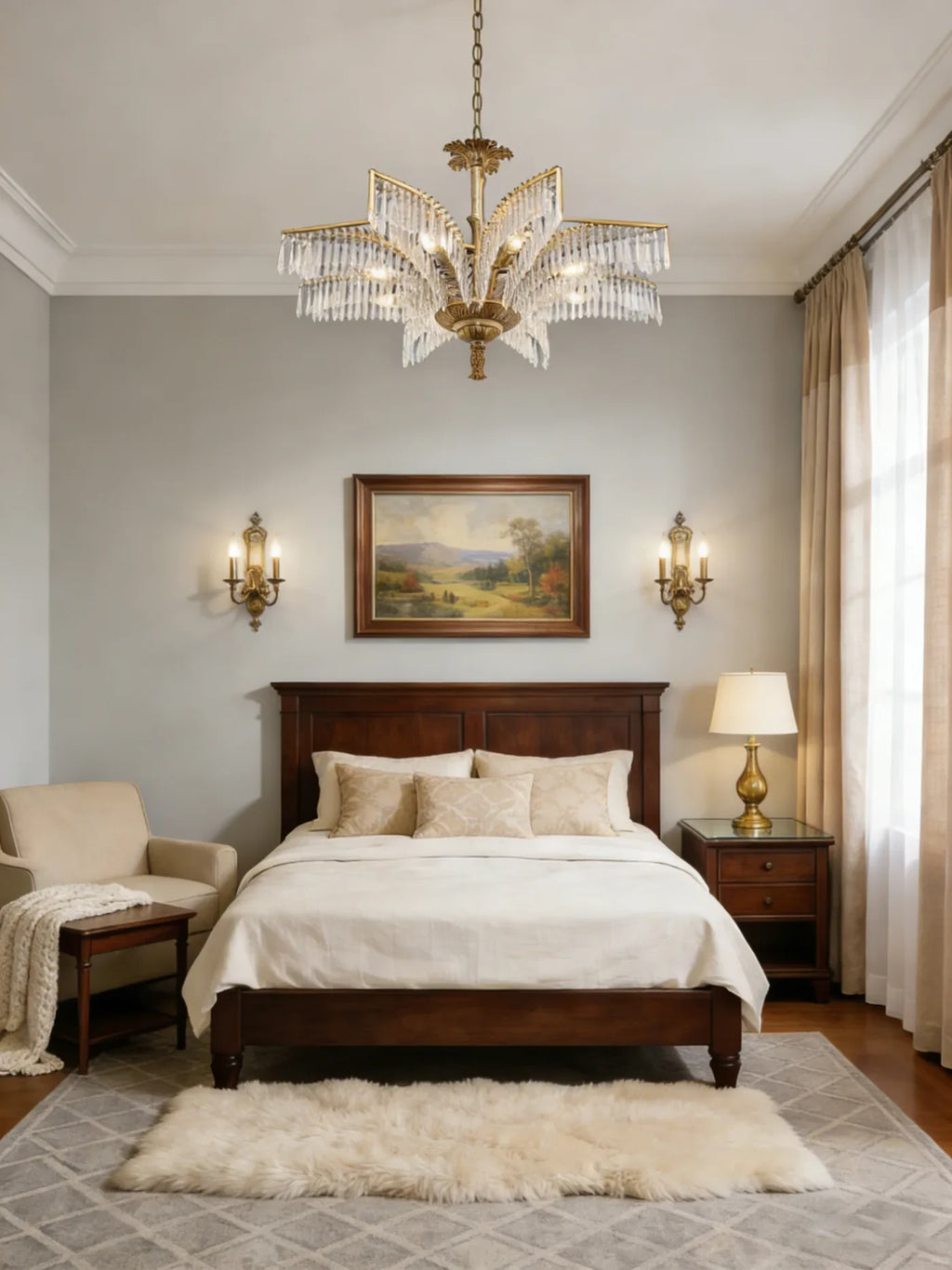 22 Inch Wide 1 Layer Small Brass Palm Tree Crystal Chandelier Light for Bedroom