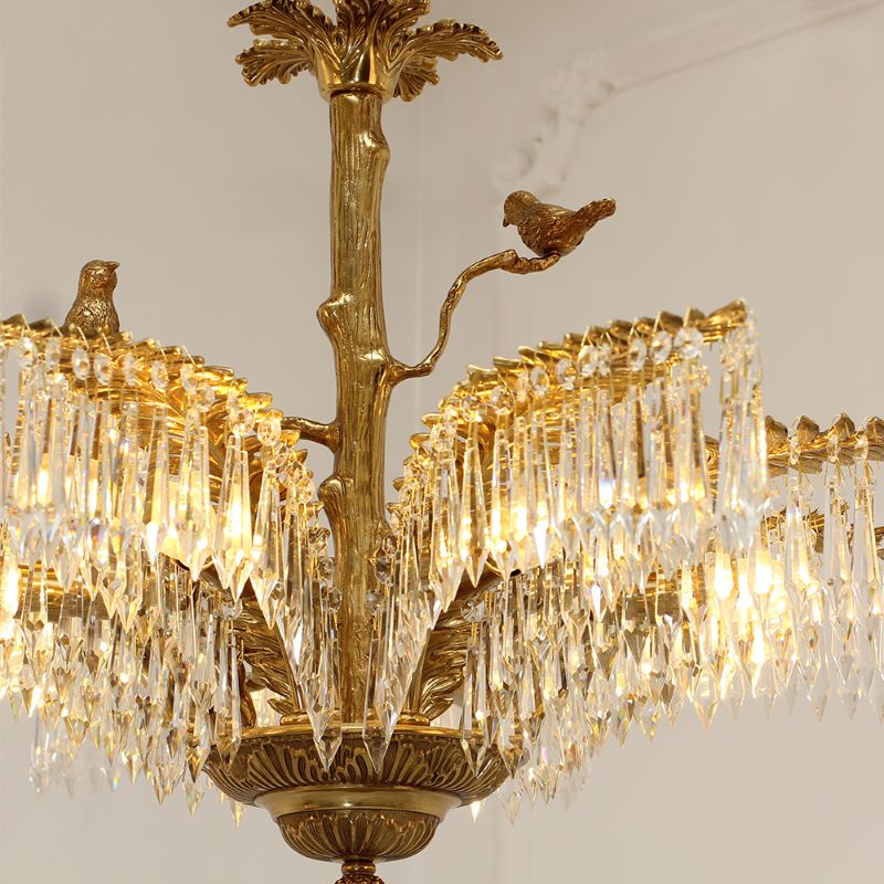 22 Inch Wide 1 Layer Small Brass Palm Tree Crystal Chandelier Light for Bedroom