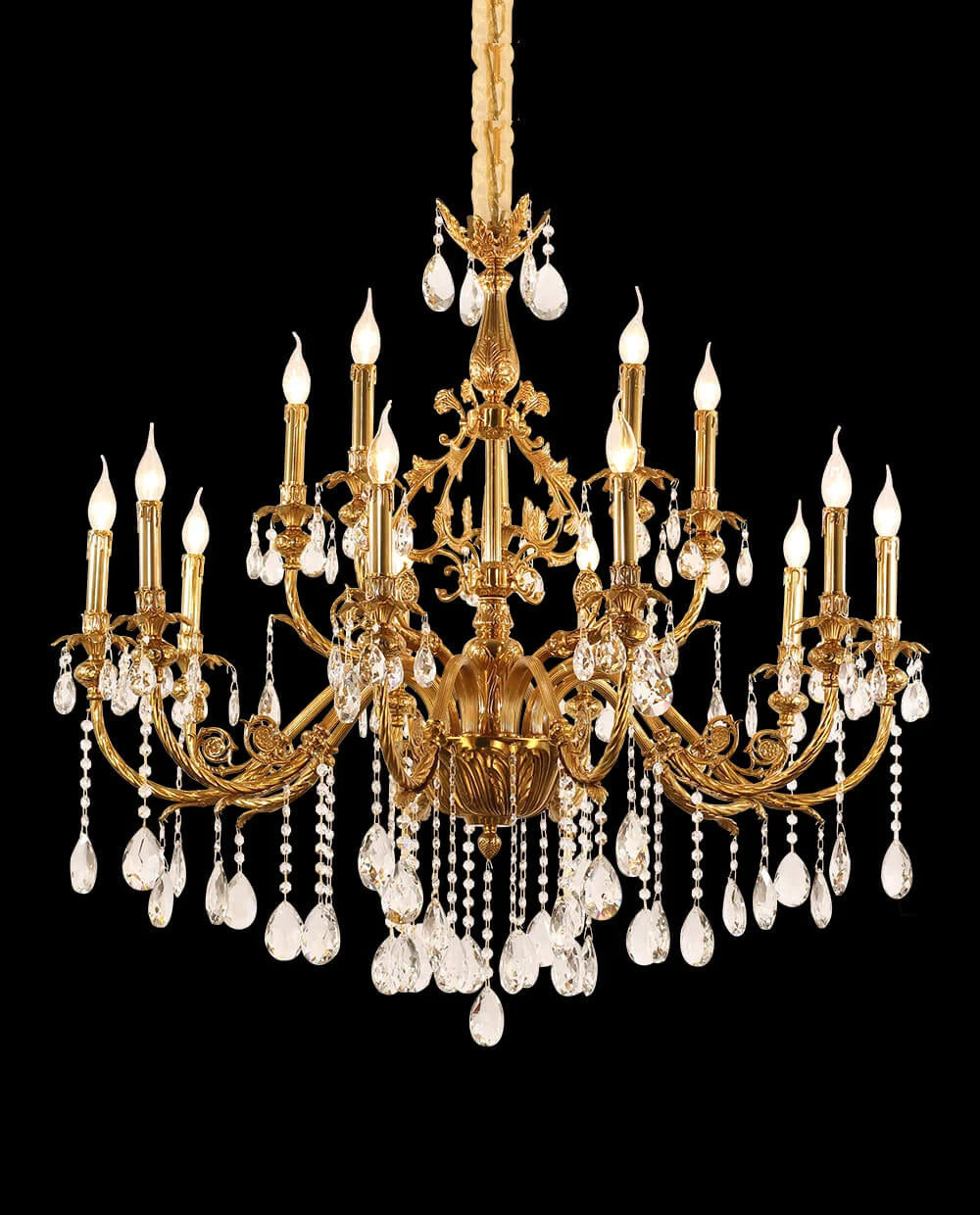 43X39 Inch 15 Lights Two-tier Traditional Brass and Crystal Chandelier for Living Room