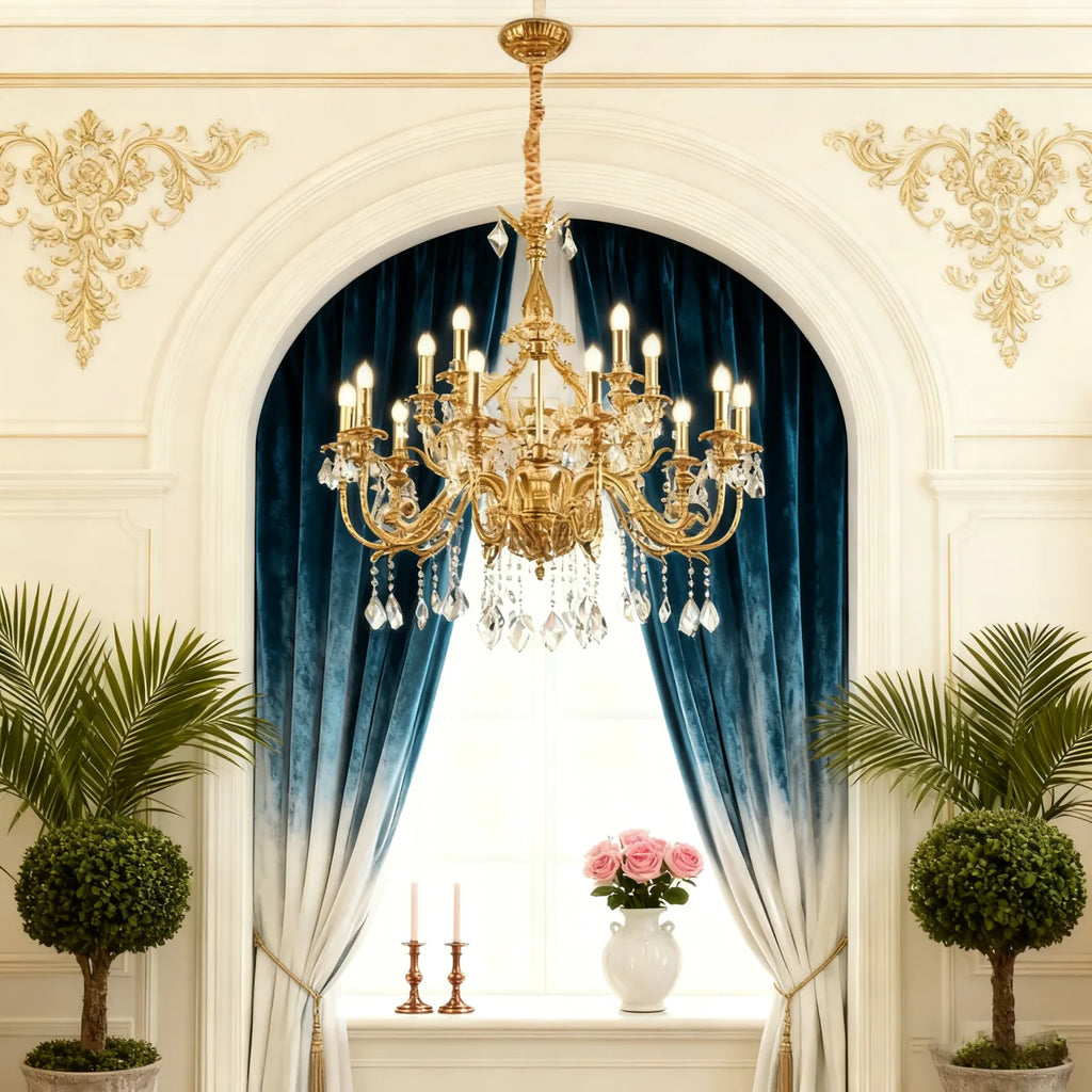 43X39 Inch 15 Lights Two-tier Traditional Brass and Crystal Chandelier for Living Room