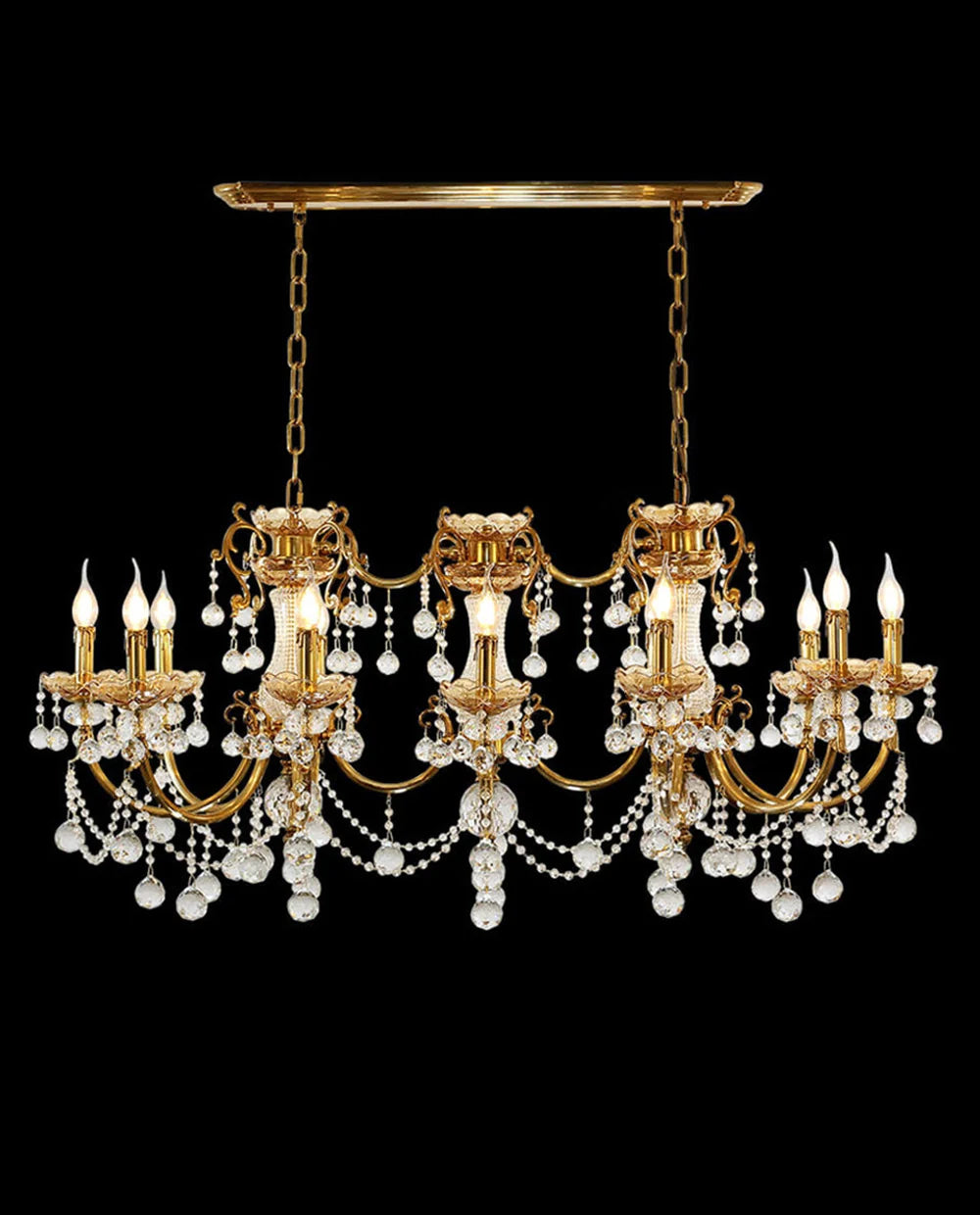 12 Lights 50 Inch Linear Traditional Gold Brass and Crystal Chandelier for Dining Room