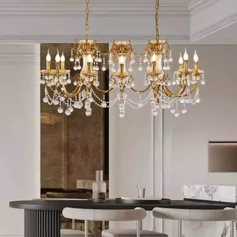 12 Lights 50 Inch Linear Traditional Gold Brass and Crystal Chandelier for Dining Room