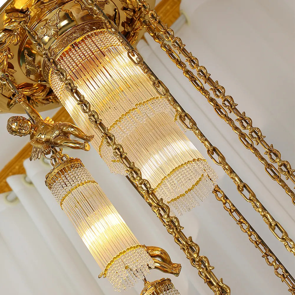 Luxury Flush Mounted 138 Inch Long Antique Brass Angels Chandelier for Staircase