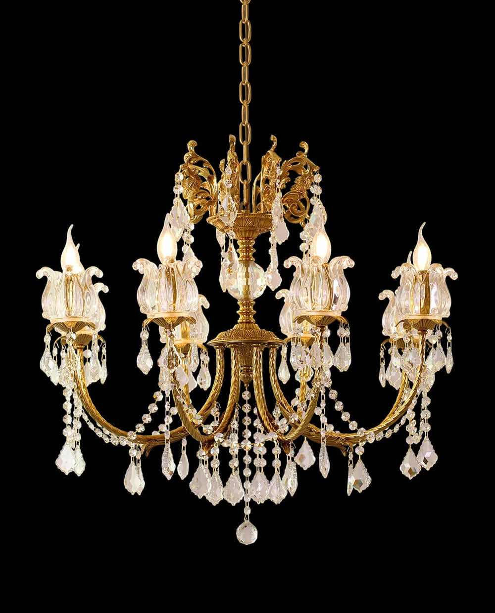 31X27 Inch 8 Lights Candle Style Traditional Chandelier Small Antique Brass and Crystal Chandelier