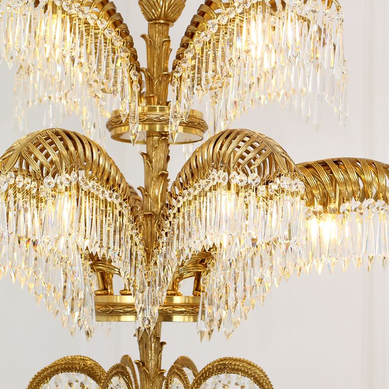 39X35 Inch Wide 3-Layer Big Brass Palm Tree Gold Crystal Chandelier for Entrance/ Foyer