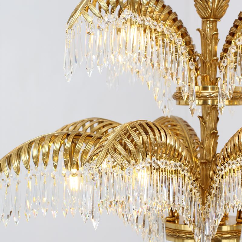 39X35 Inch Wide 3-Layer Big Brass Palm Tree Gold Crystal Chandelier for Entrance/ Foyer