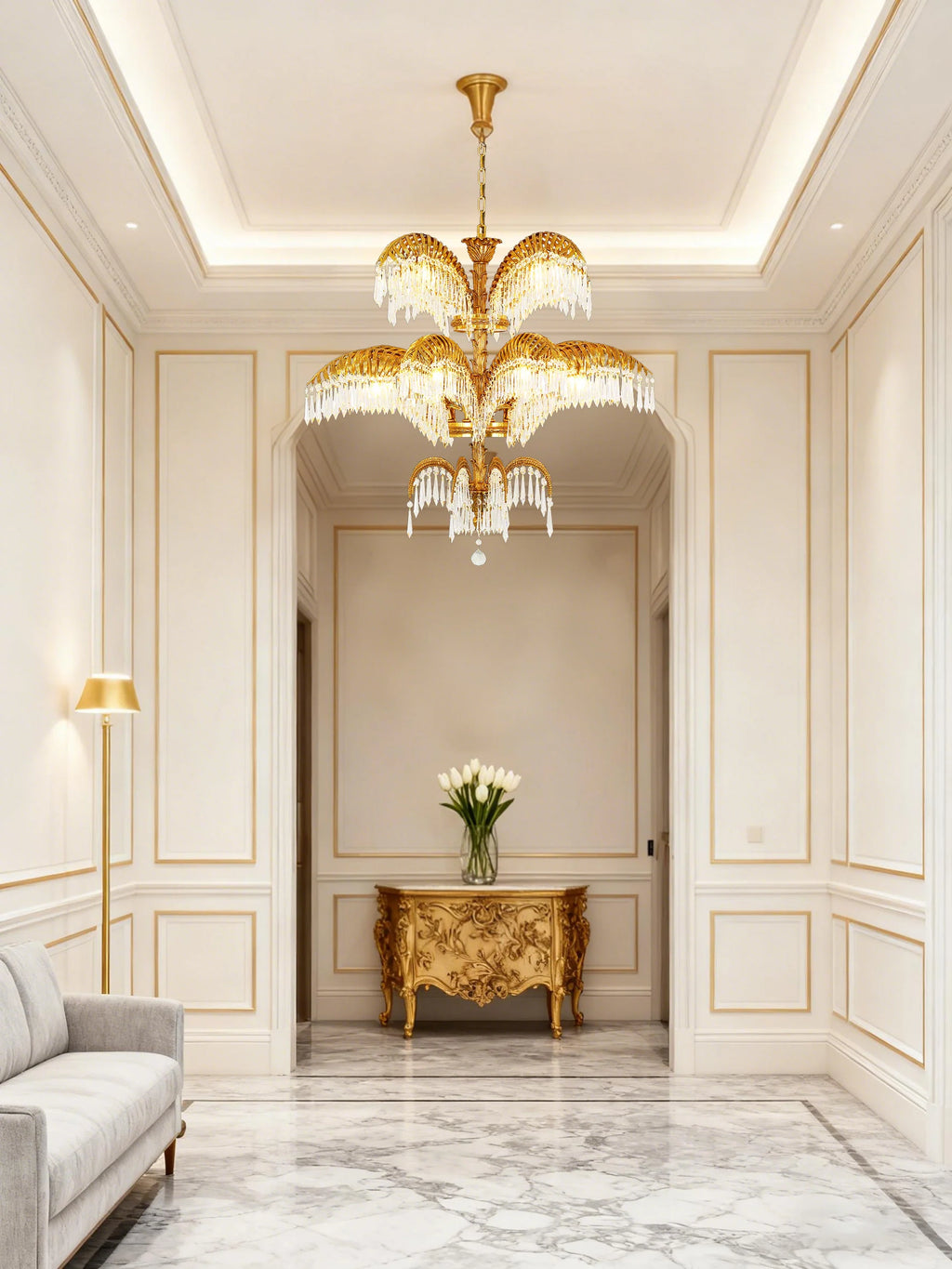 39X35 Inch Wide 3-Layer Big Brass Palm Tree Gold Crystal Chandelier for Entrance/ Foyer