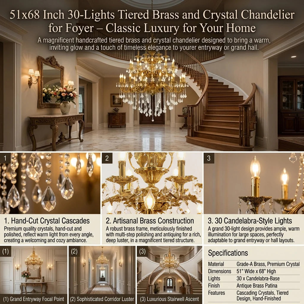 51X68 Inch 30 Lights Tiered Brass and Crystal Chandelier for Foyer