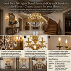 51X68 Inch 30 Lights Tiered Brass and Crystal Chandelier for Foyer