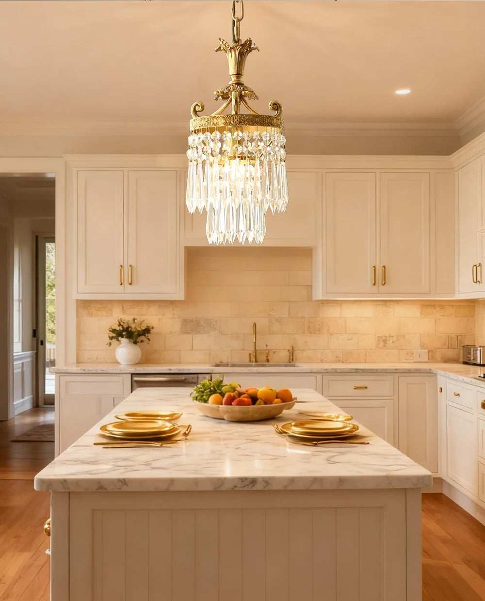 2-Pack 8-Inch Mini Crystal Chandeliers, Antique Brass Chandelier for Kitchen